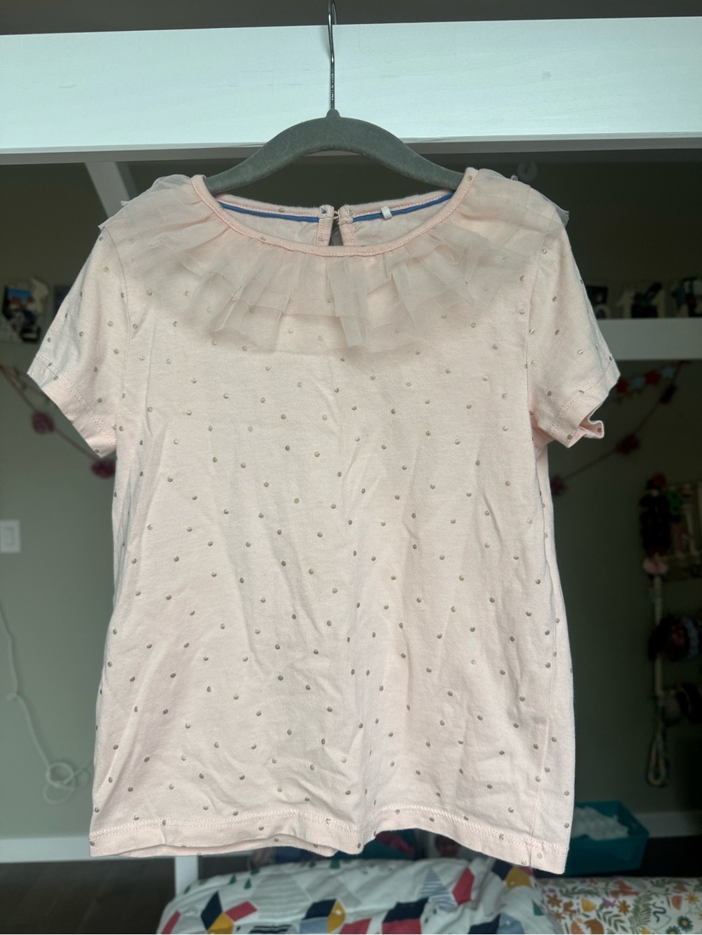 Boden Girls’ Pink Short Sleeve Top with Ruffled Tulle Neckline, Size 6-7